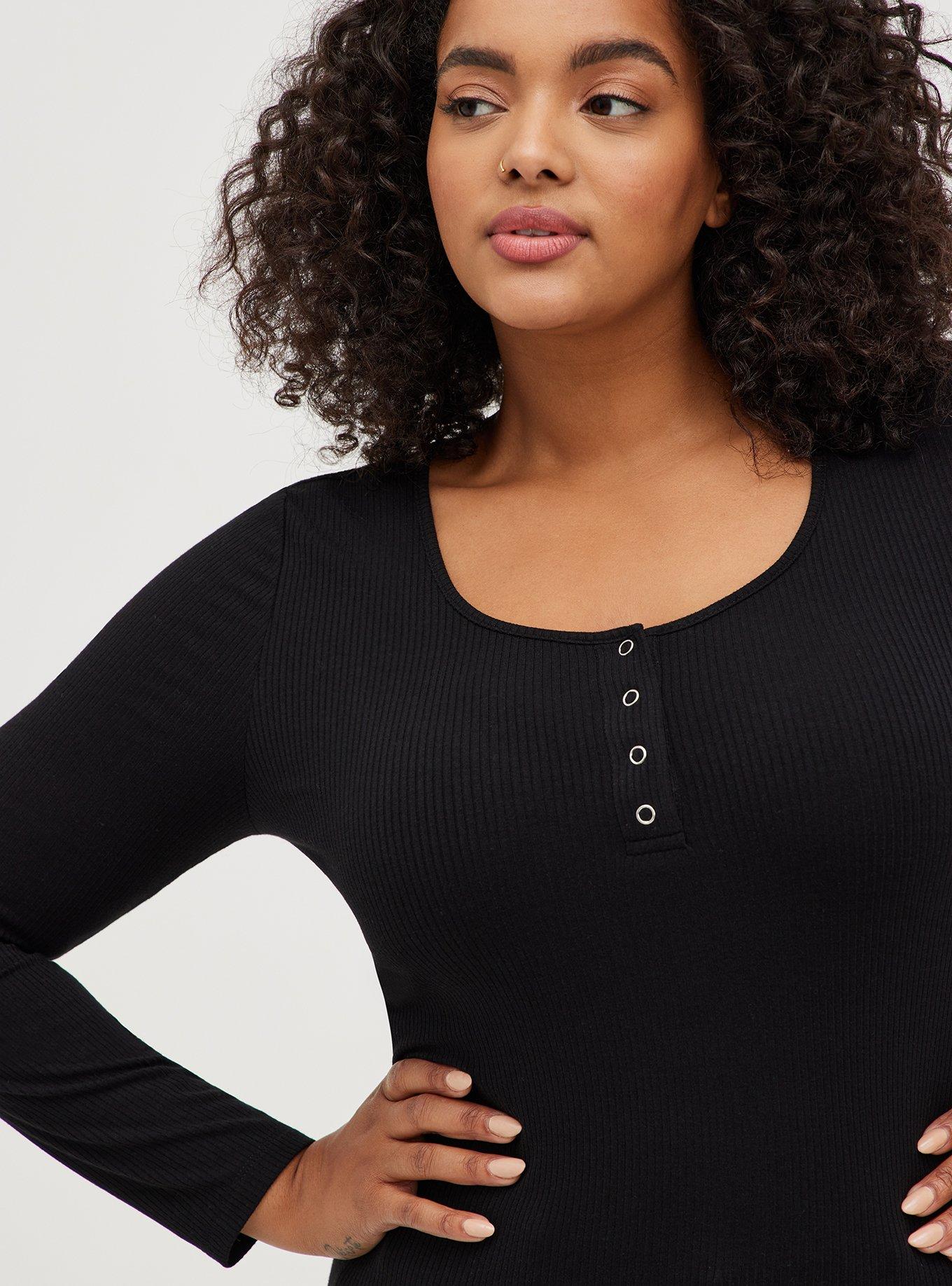 Plus Size Classic Fit Ribbed Henley Long Sleeve Tee, DEEP BLACK, alternate