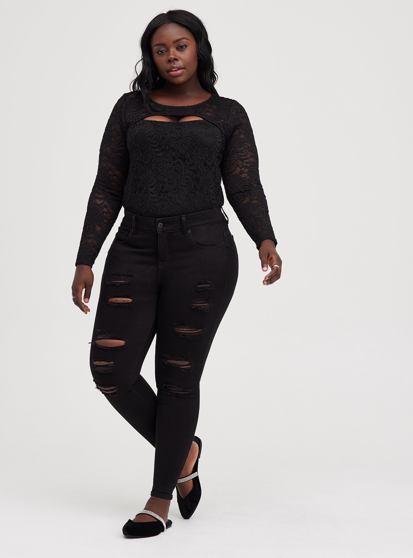 Stretch Lace Crewneck Cutout Top, DEEP BLACK, alternate