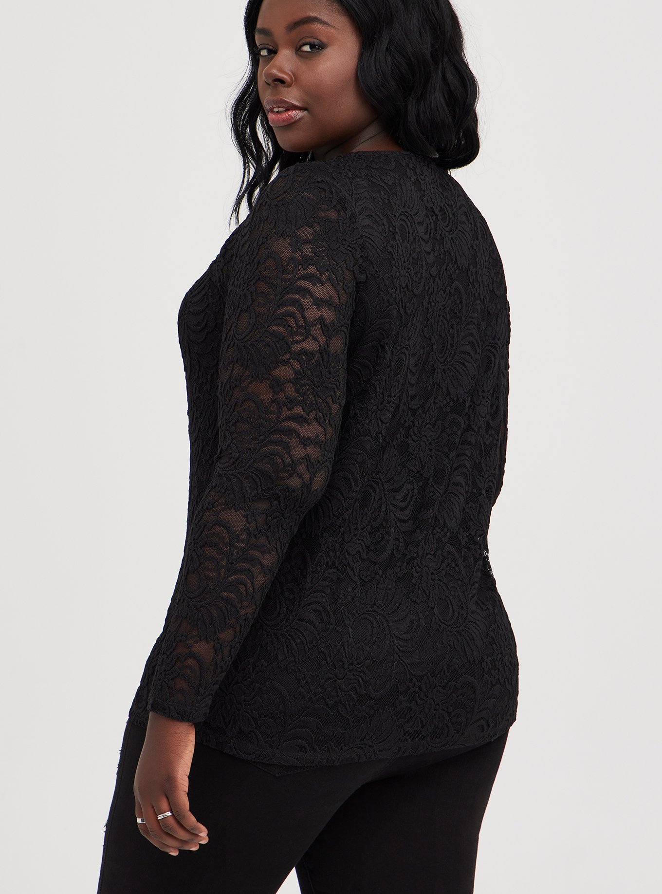 Stretch Lace Crewneck Cutout Top, DEEP BLACK, alternate