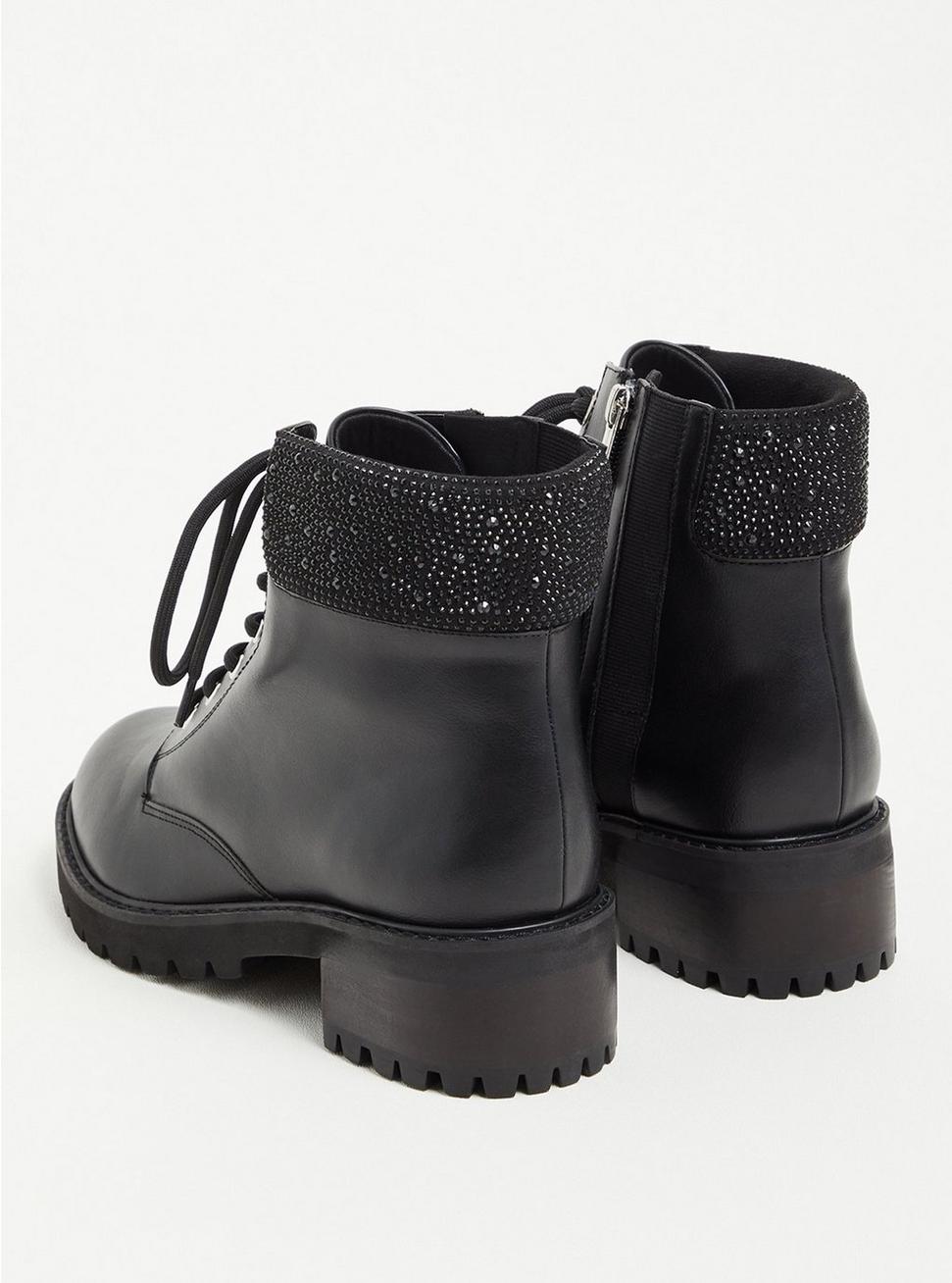 Plus Size Embellished Cuff Combat Boot - Faux Leather Black (WW), BLACK, alternate
