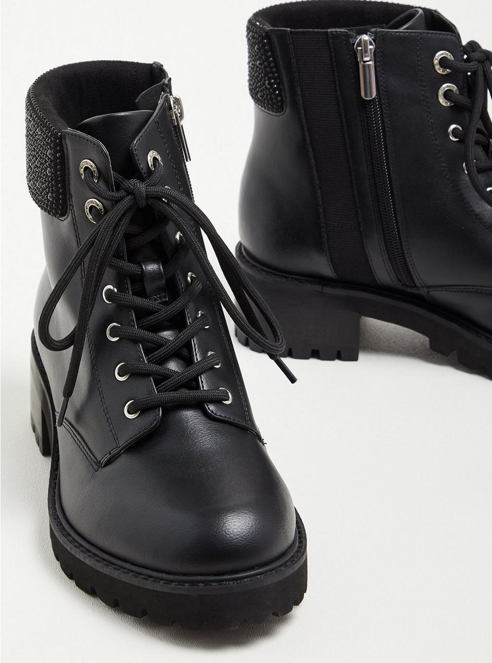 Plus Size Embellished Cuff Combat Boot - Faux Leather Black (WW), BLACK, alternate