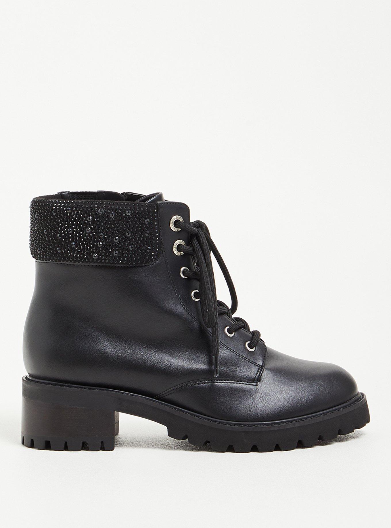 Plus Size Embellished Cuff Combat Boot - Faux Leather Black (WW), BLACK, alternate