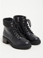 Plus Size Embellished Cuff Combat Boot - Faux Leather Black (WW), BLACK, hi-res