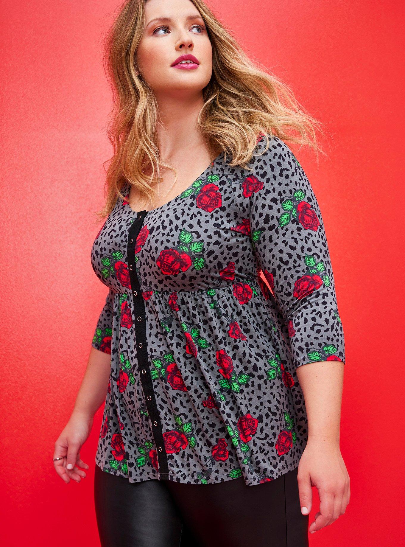 Plus Size - Betsey Johnson Snap Babydoll Top - Super Soft Leopard ...