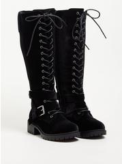 Laceup Combat Knee Boot - Velvet Black, BLACK, alternate