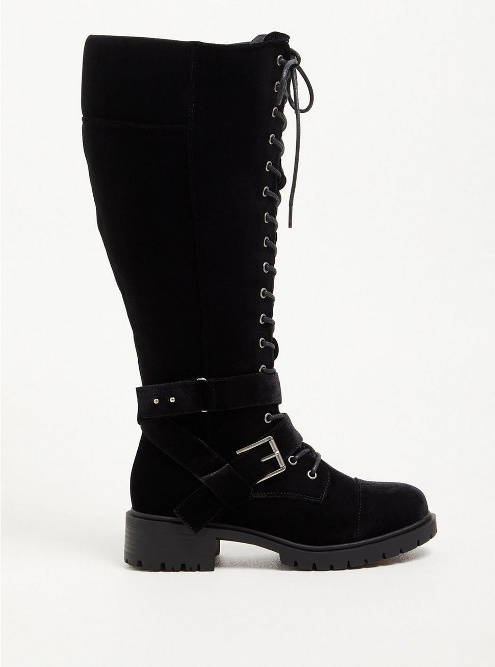 Plus Size Laceup Combat Knee Boot - Velvet Black, BLACK, hi-res
