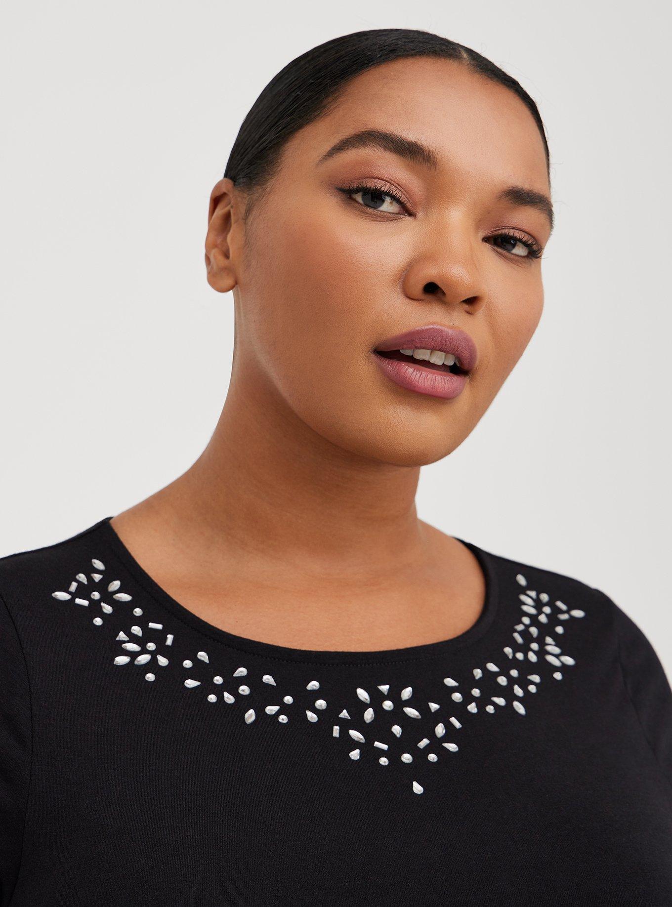 Plus Size Embellished Neck Skater Midi Dress - Knit Black, DEEP BLACK, alternate