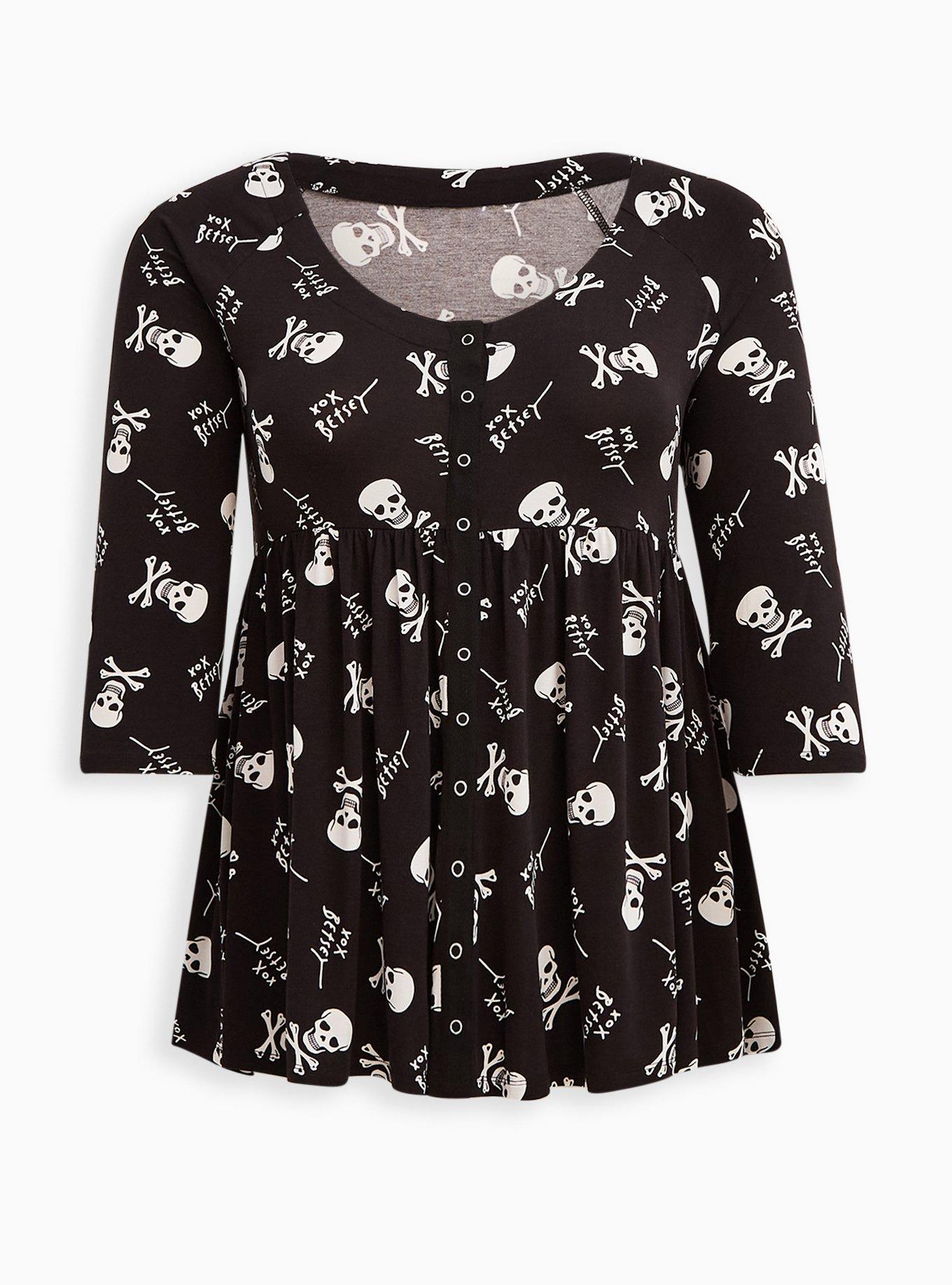 Plus Size - Betsey Johnson Snap Babydoll Top - Super Soft Skull Multi Black  - Torrid