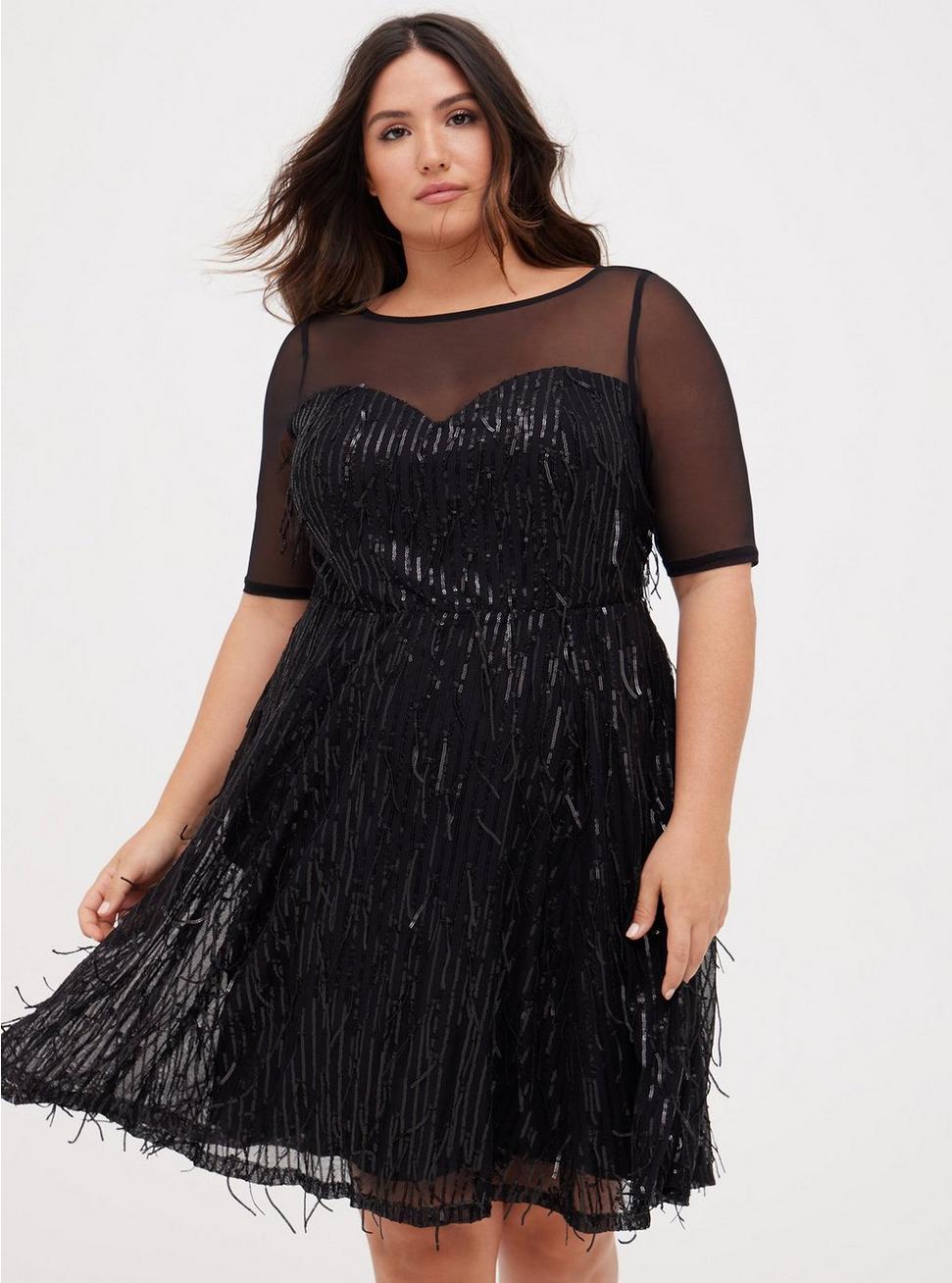Plus Size Illusion Sleeve Skater Dress - Sequin Fringe Black, DEEP BLACK, alternate