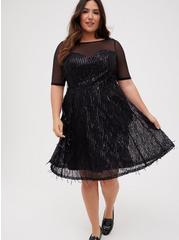 Plus Size Illusion Sleeve Skater Dress - Sequin Fringe Black, DEEP BLACK, hi-res