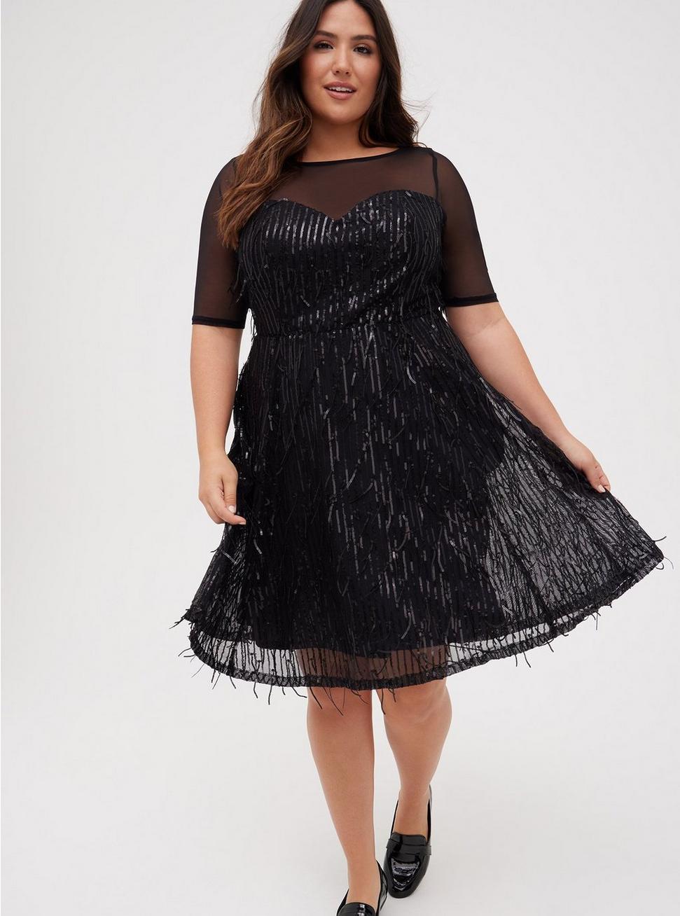 Plus Size Illusion Sleeve Skater Dress - Sequin Fringe Black, DEEP BLACK, hi-res