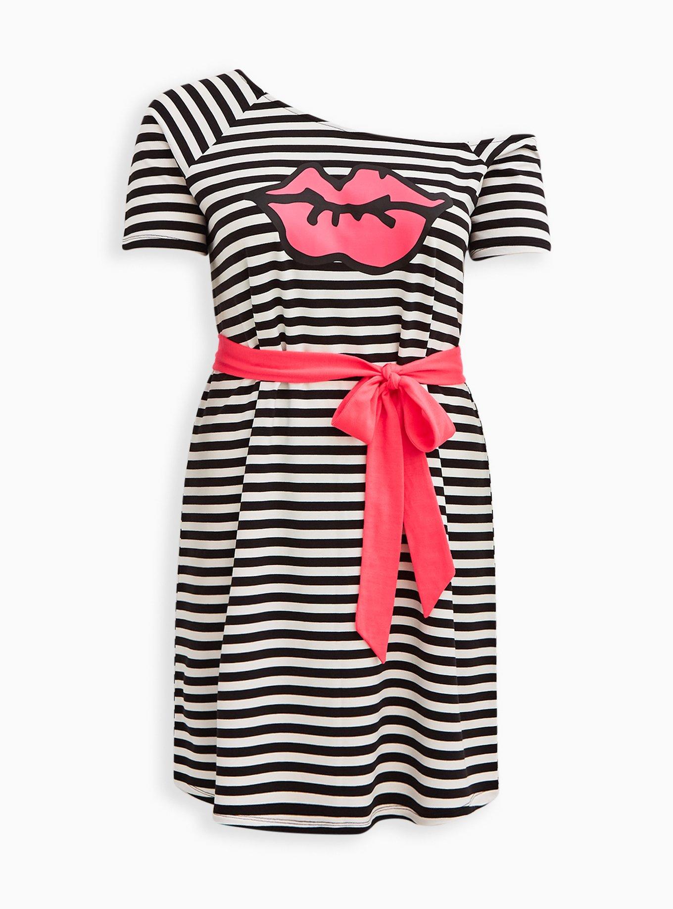 Betsey Johnson Off Shoulder Dress - French Terry Lip Black & White Stripe, , hi-res