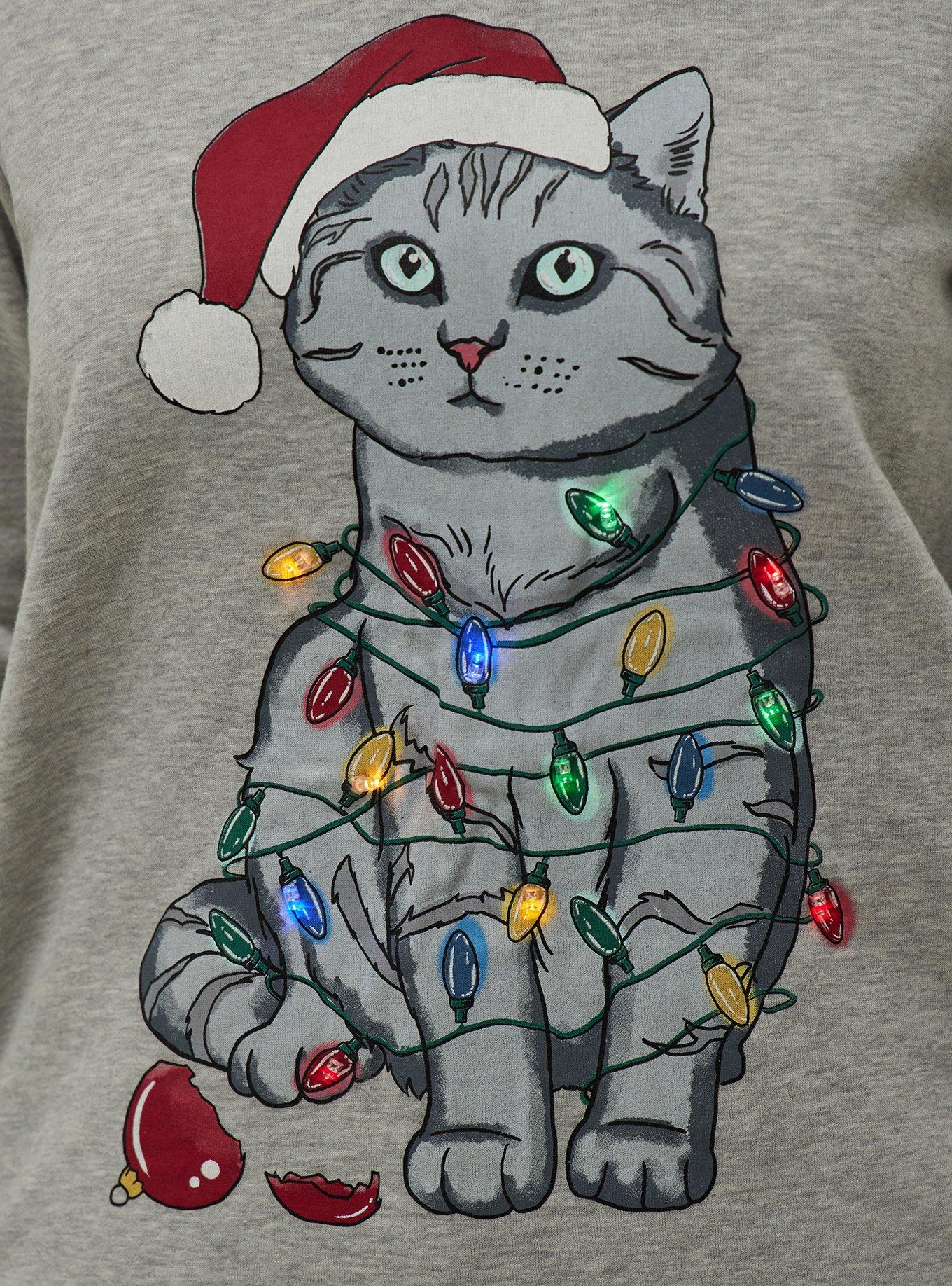 Plus Size - Sweatshirt - Cozy Fleece Holiday Cat Light Up Grey - Torrid