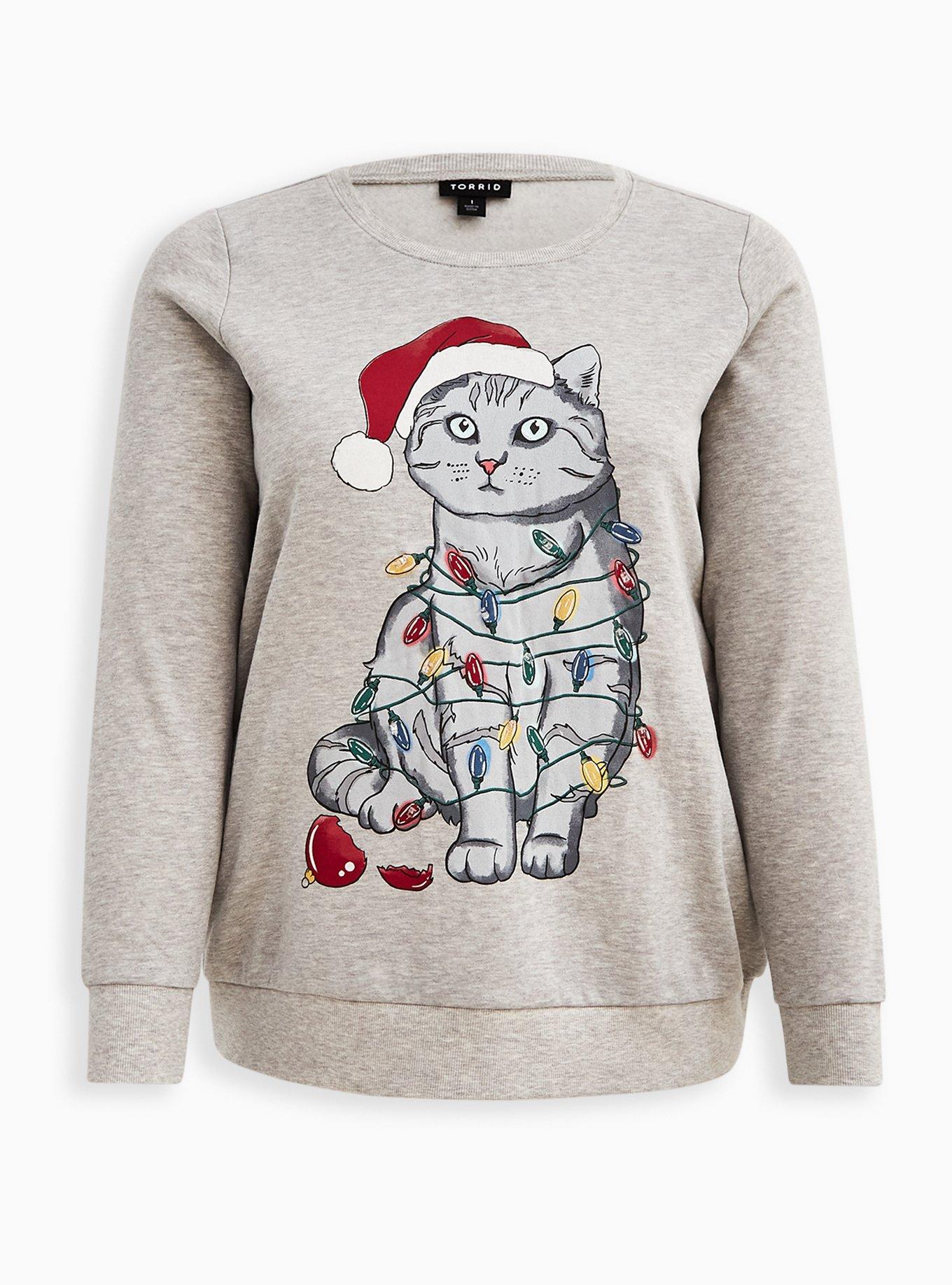 Plus Size - Sweatshirt - Cozy Fleece Holiday Cat Light Up Grey - Torrid