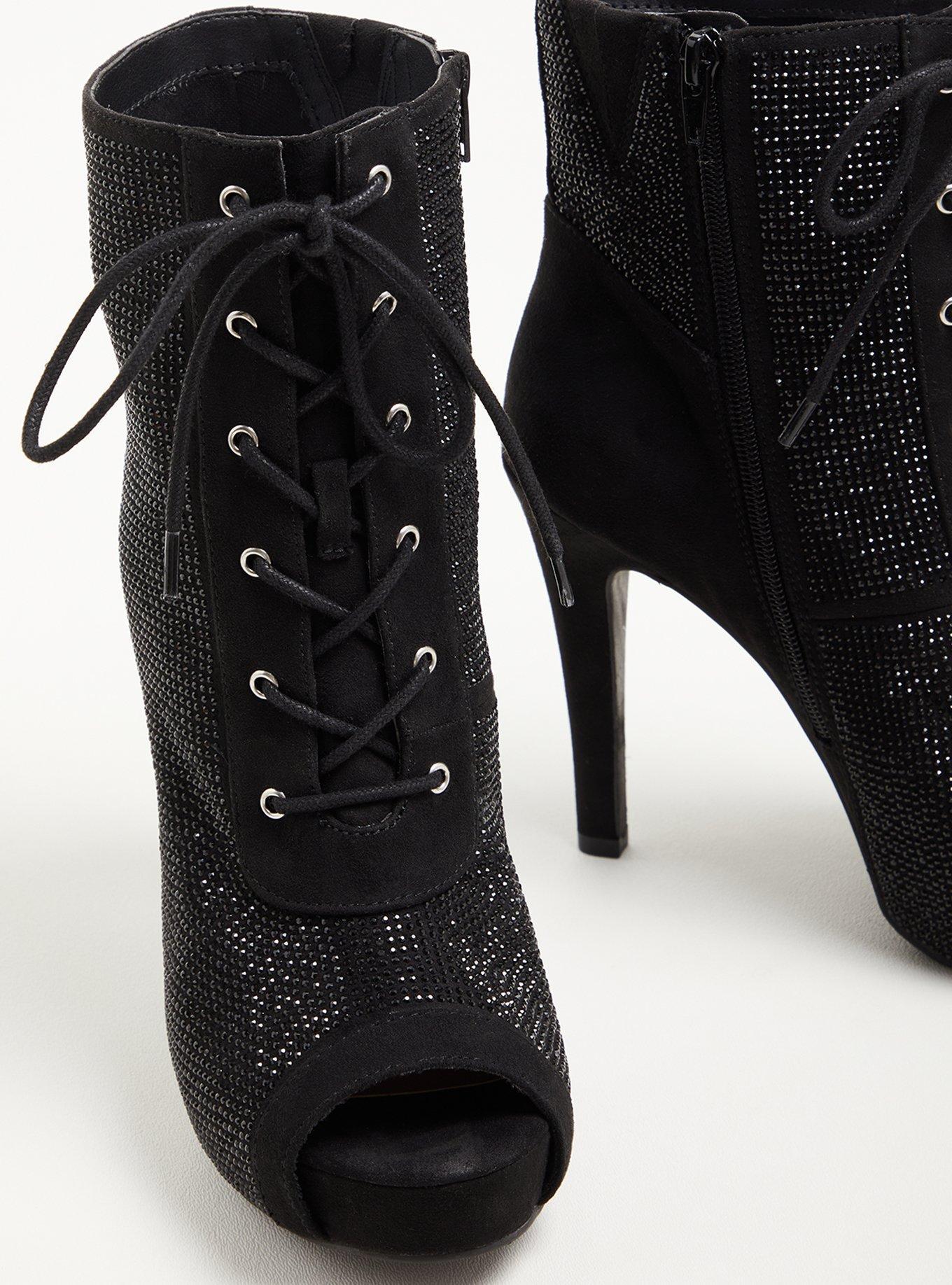 Pointed Heel Laceup Bootie - Rhinestone Black (WW), BLACK, alternate