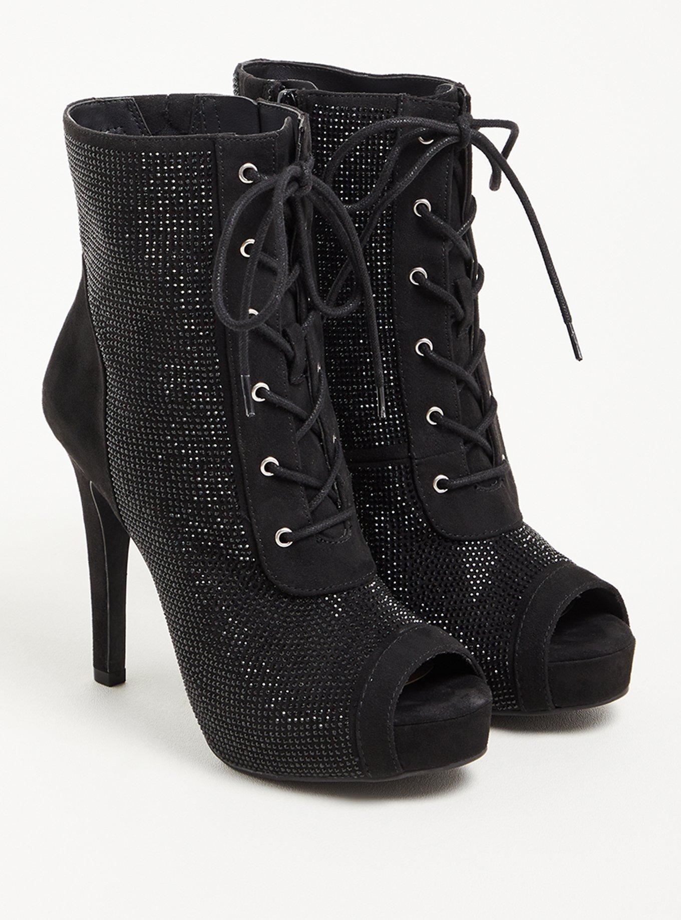 Pointed Heel Laceup Bootie - Rhinestone Black (WW), BLACK, alternate