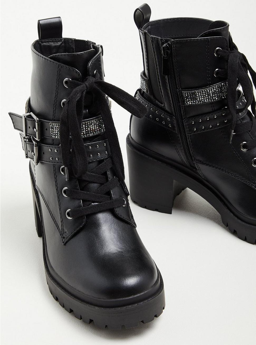 Plus Size - Chunky Lug Heel Bootie - Faux Leather Embellished Black (WW ...