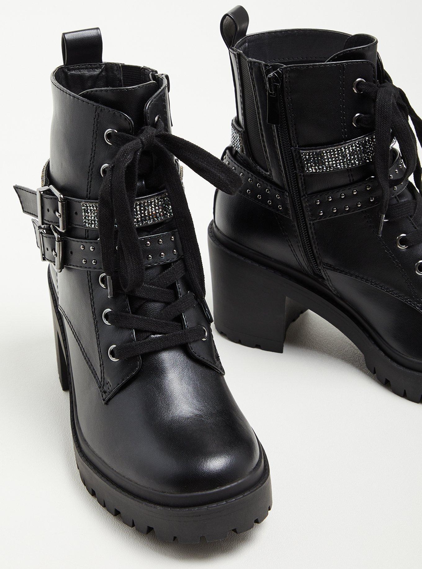 Chunky Lug Heel Bootie - Faux Leather Embellished Black (WW), BLACK, alternate