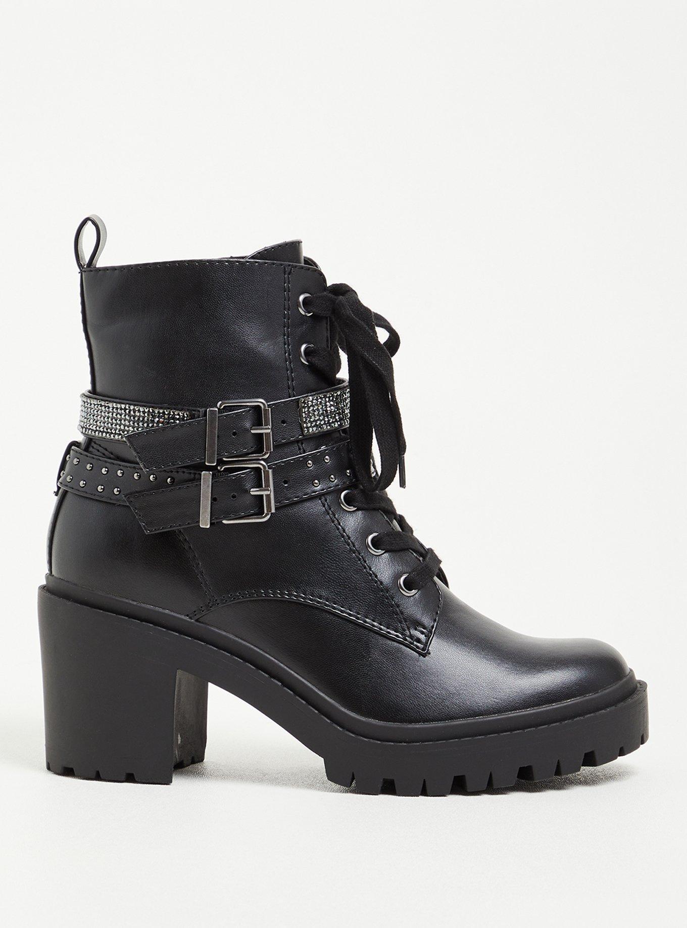 Chunky Lug Heel Bootie - Faux Leather Embellished Black (WW), BLACK, alternate