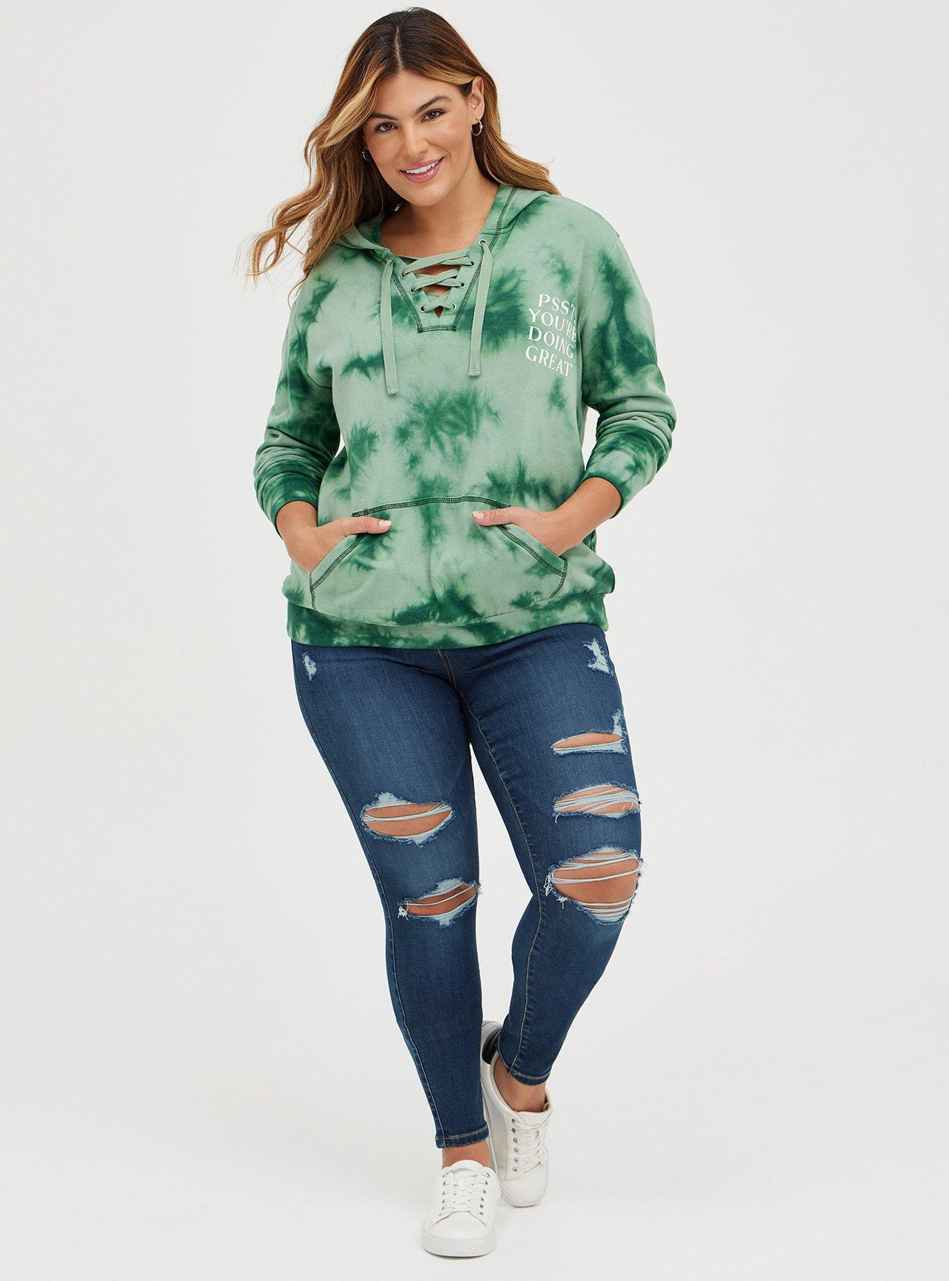Plus Size Lace Up Hoodie - Cozy Fleece Doing Great Tie Dye Green, GREEN, alternate