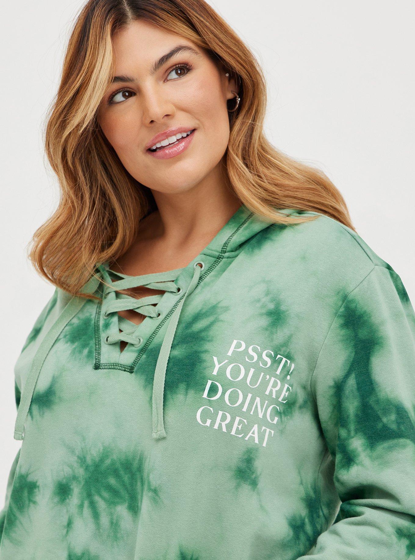 Plus Size Lace Up Hoodie - Cozy Fleece Doing Great Tie Dye Green, GREEN, alternate