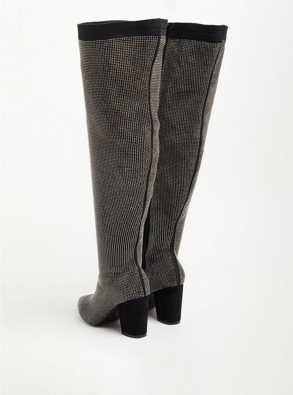 Over The Knee Heel Boot - Stretch Knit Studded Black (WW), BLACK, alternate
