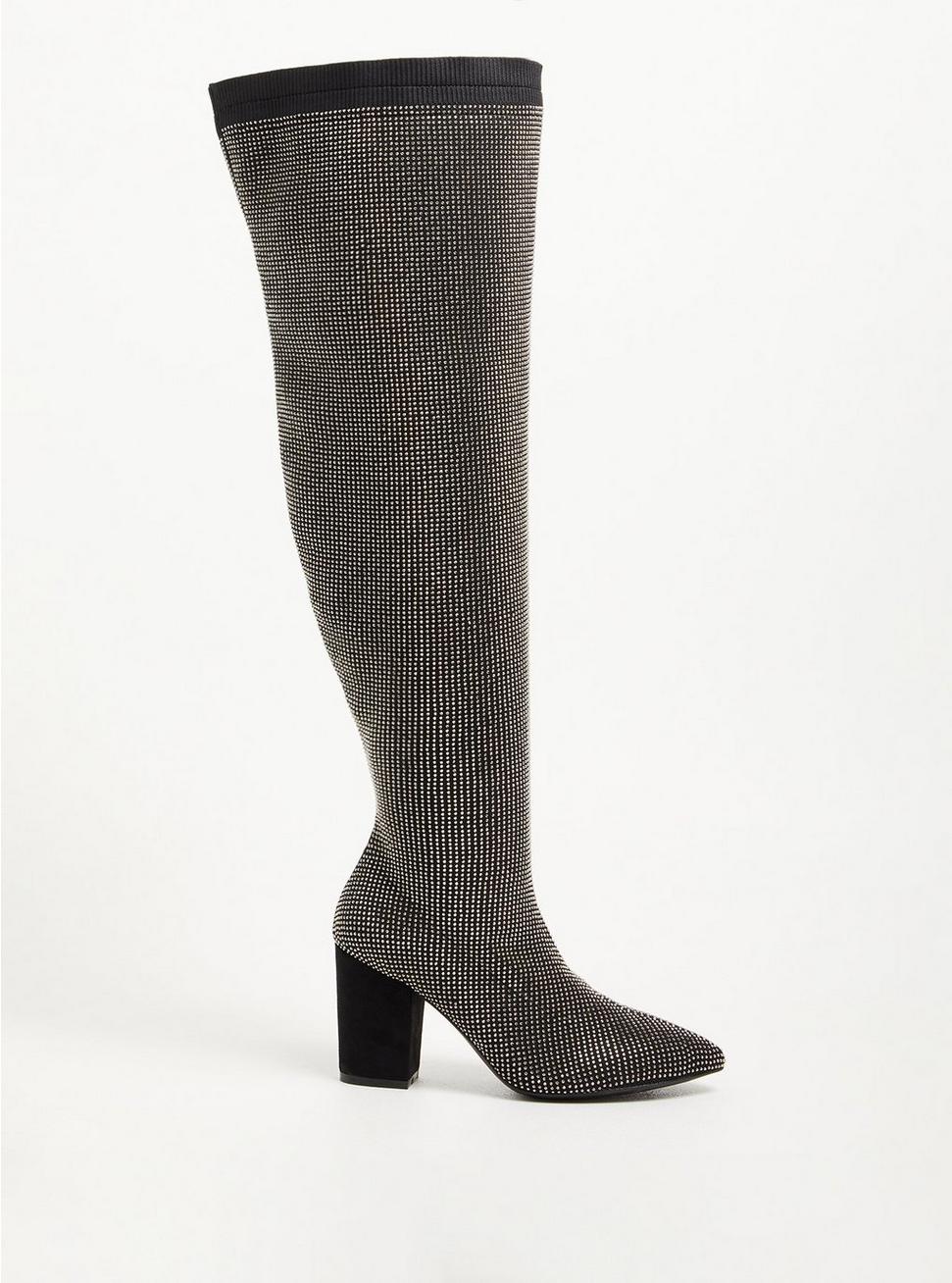 Over The Knee Heel Boot - Stretch Knit Studded Black (WW), BLACK, hi-res