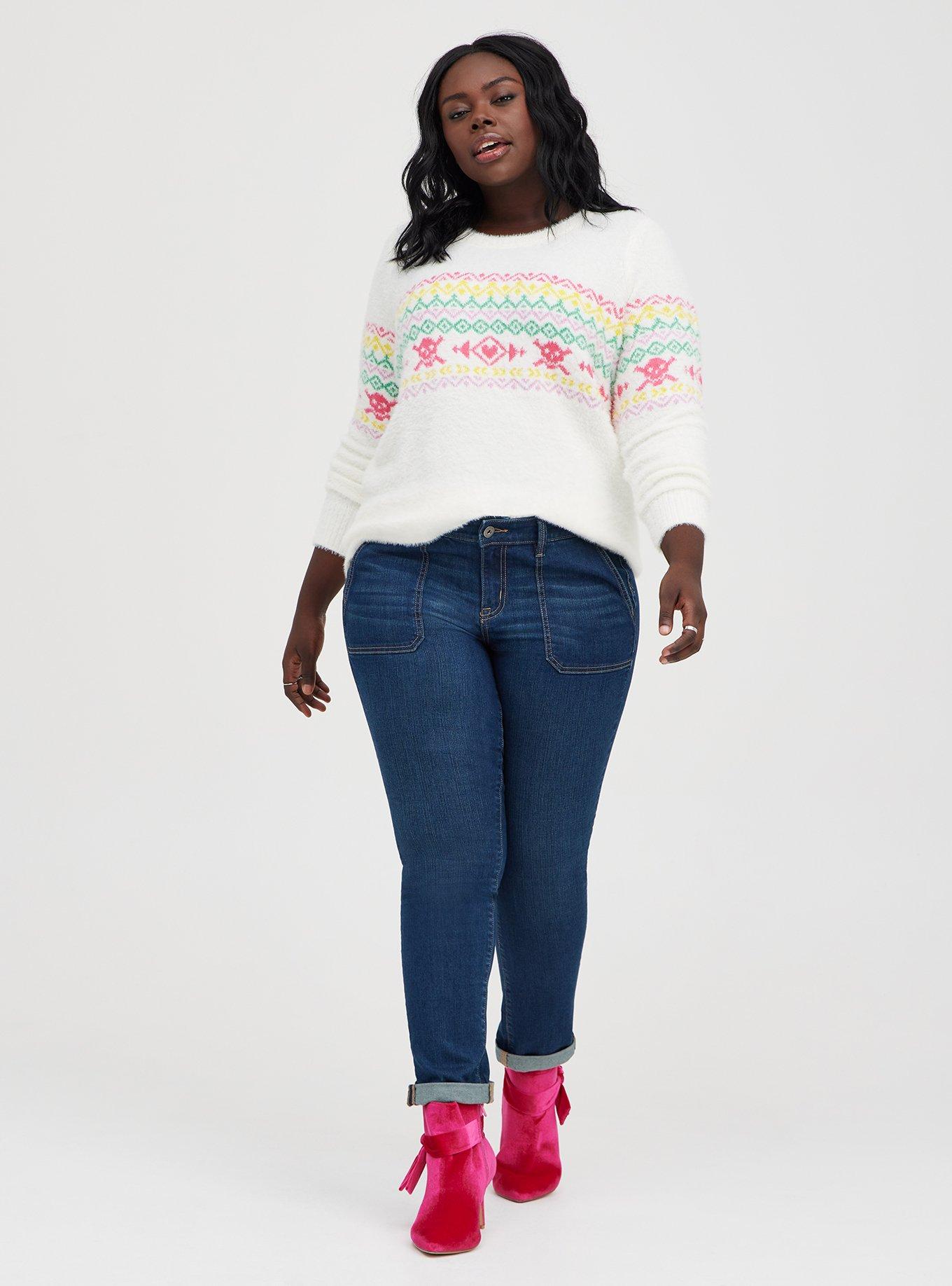 Plus Size Fuzzy Yarn Crew Pullover Sweater Fair Isle White