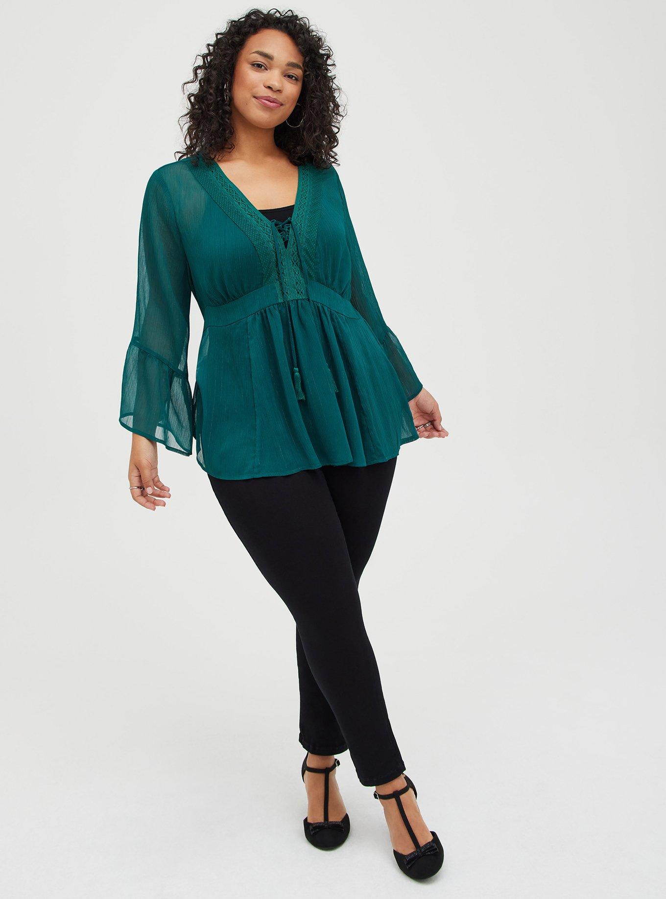 Babydoll Chiffon Lurex Crochet Detail Lace-Up Blouse, BOTANICAL GARDEN, alternate