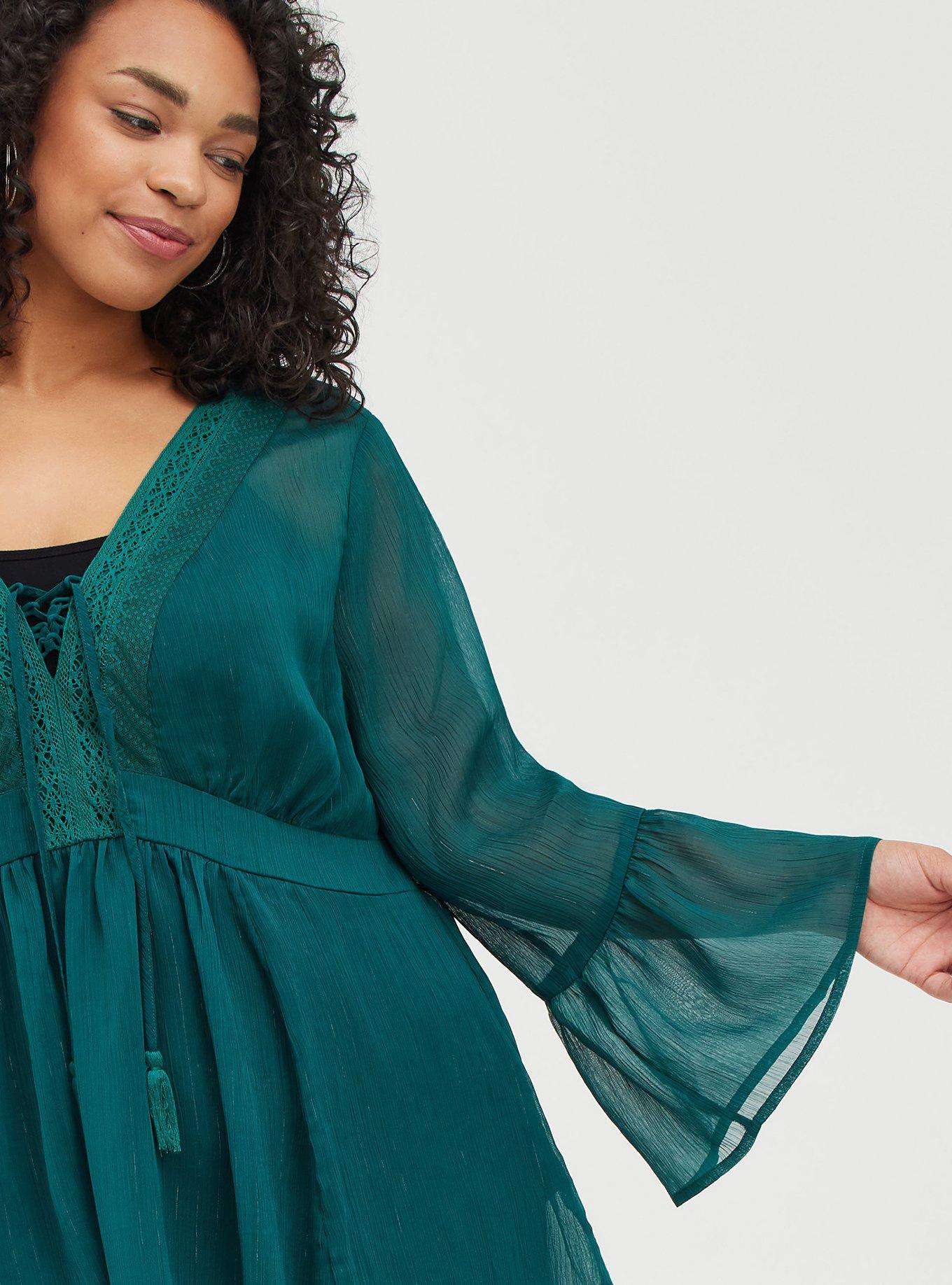 Babydoll Chiffon Lurex Crochet Detail Lace-Up Blouse, BOTANICAL GARDEN, alternate