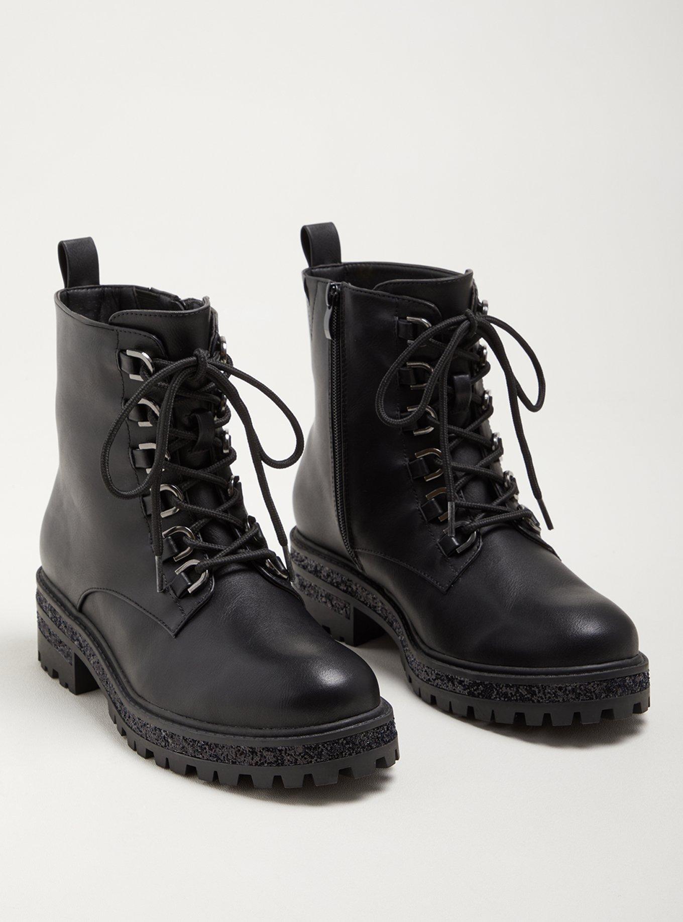 Glitter Outsole Lace-Up Bootie - Black Faux Leather (WW), BLACK, alternate