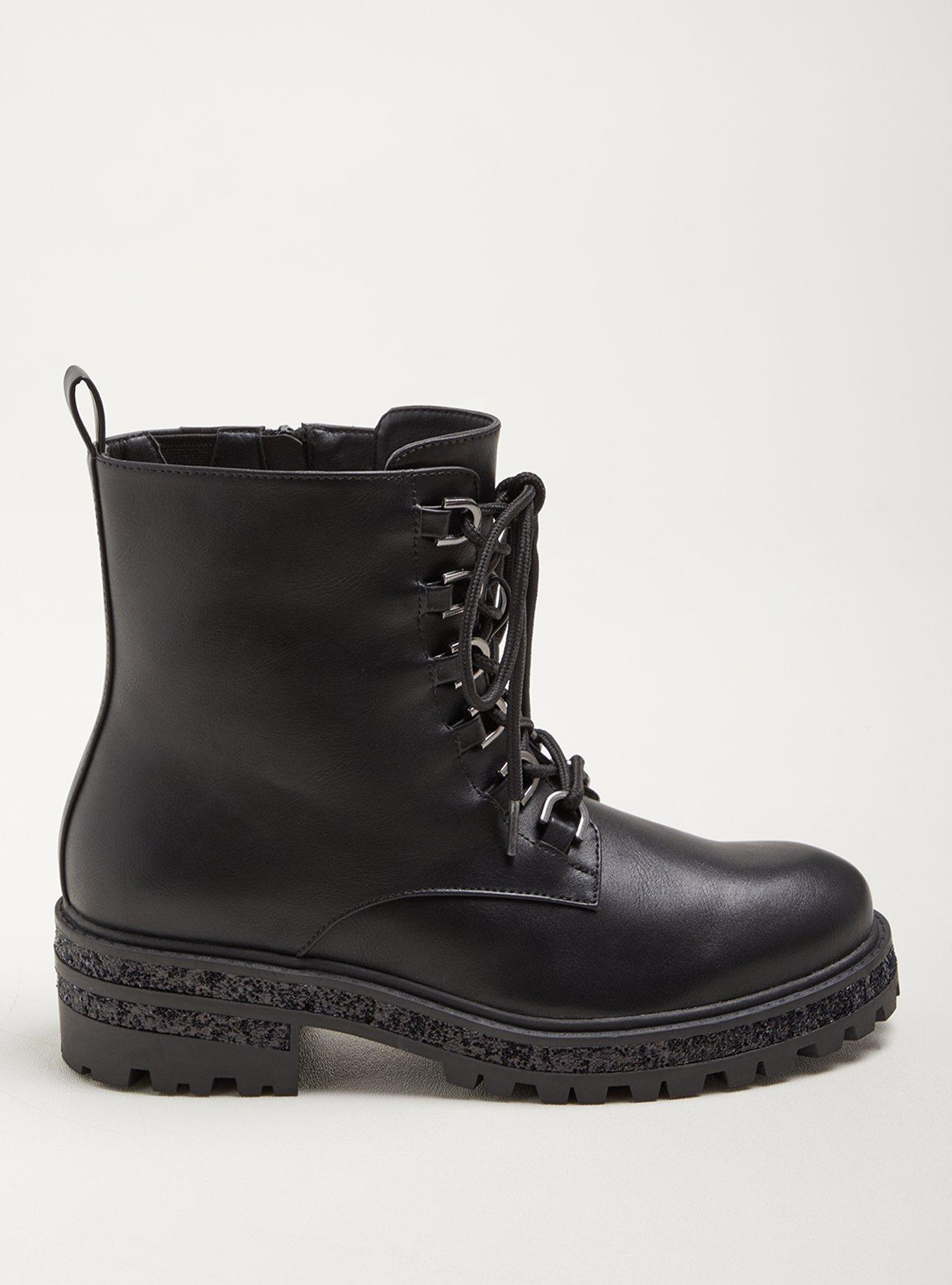 Glitter Outsole Lace-Up Bootie - Black Faux Leather (WW), BLACK, hi-res