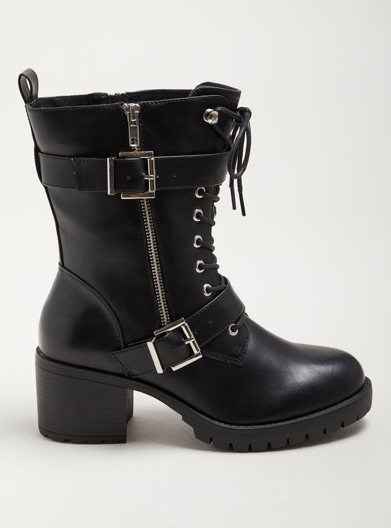 Double Buckle Lace-Up Bootie - Faux Leather Black (WW), , alternate
