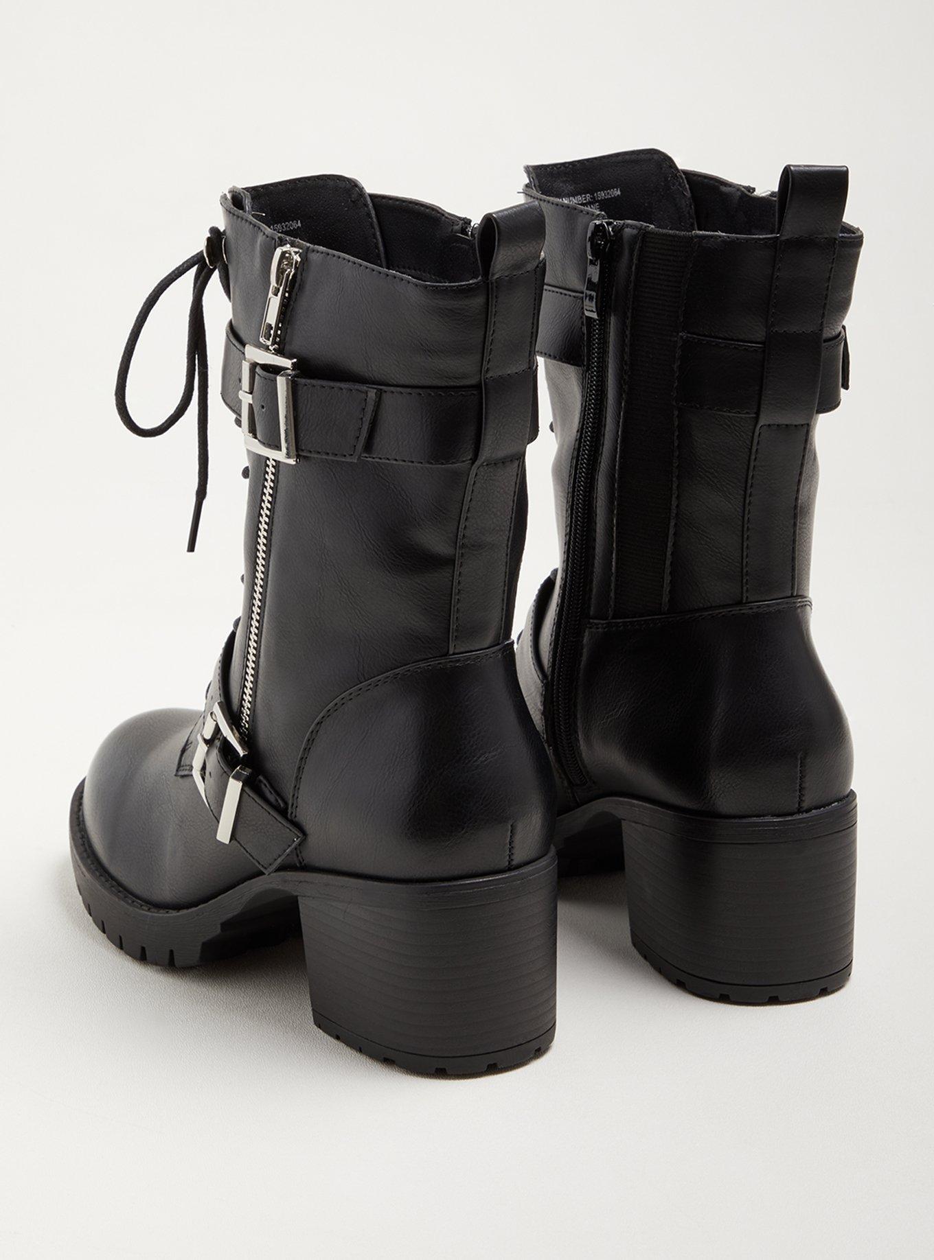 Double Buckle Lace-Up Bootie - Faux Leather Black (WW), , alternate