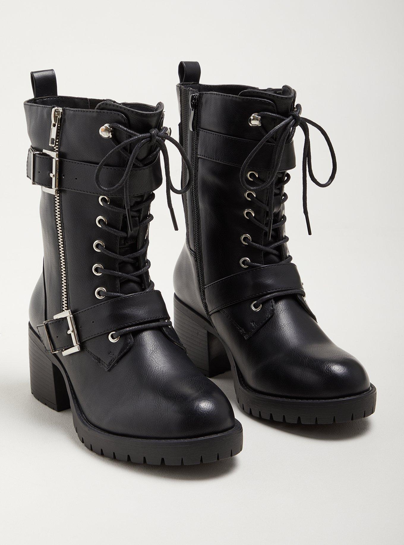 Double Buckle Lace-Up Bootie - Faux Leather Black (WW), , hi-res
