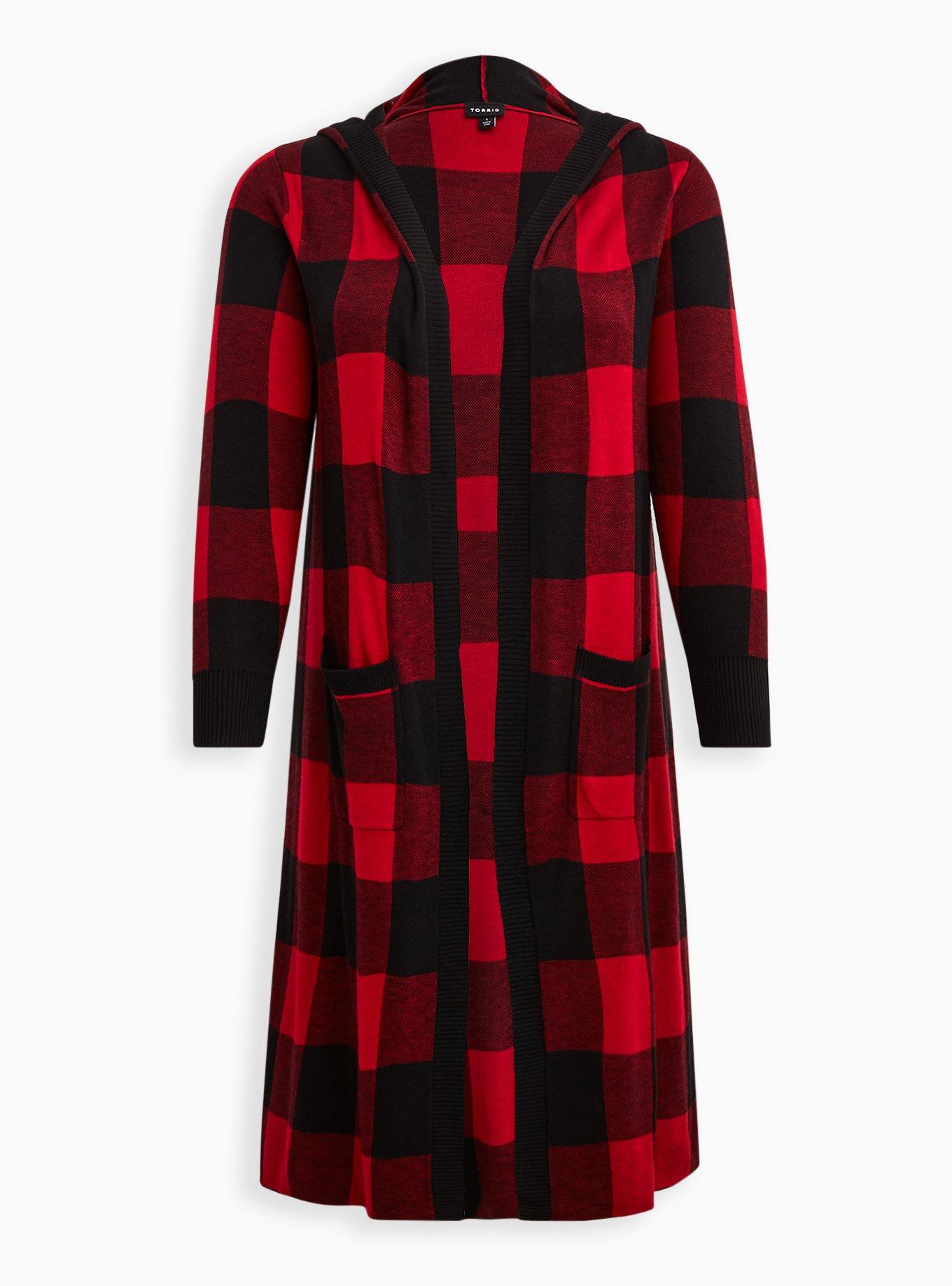 Plus Size Hooded Cardigan Plaid Red Torrid