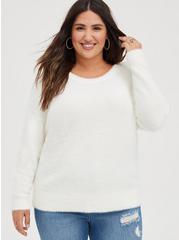 Plus Size Pullover Lace Trim V-Neck Sweater, WHITE, alternate