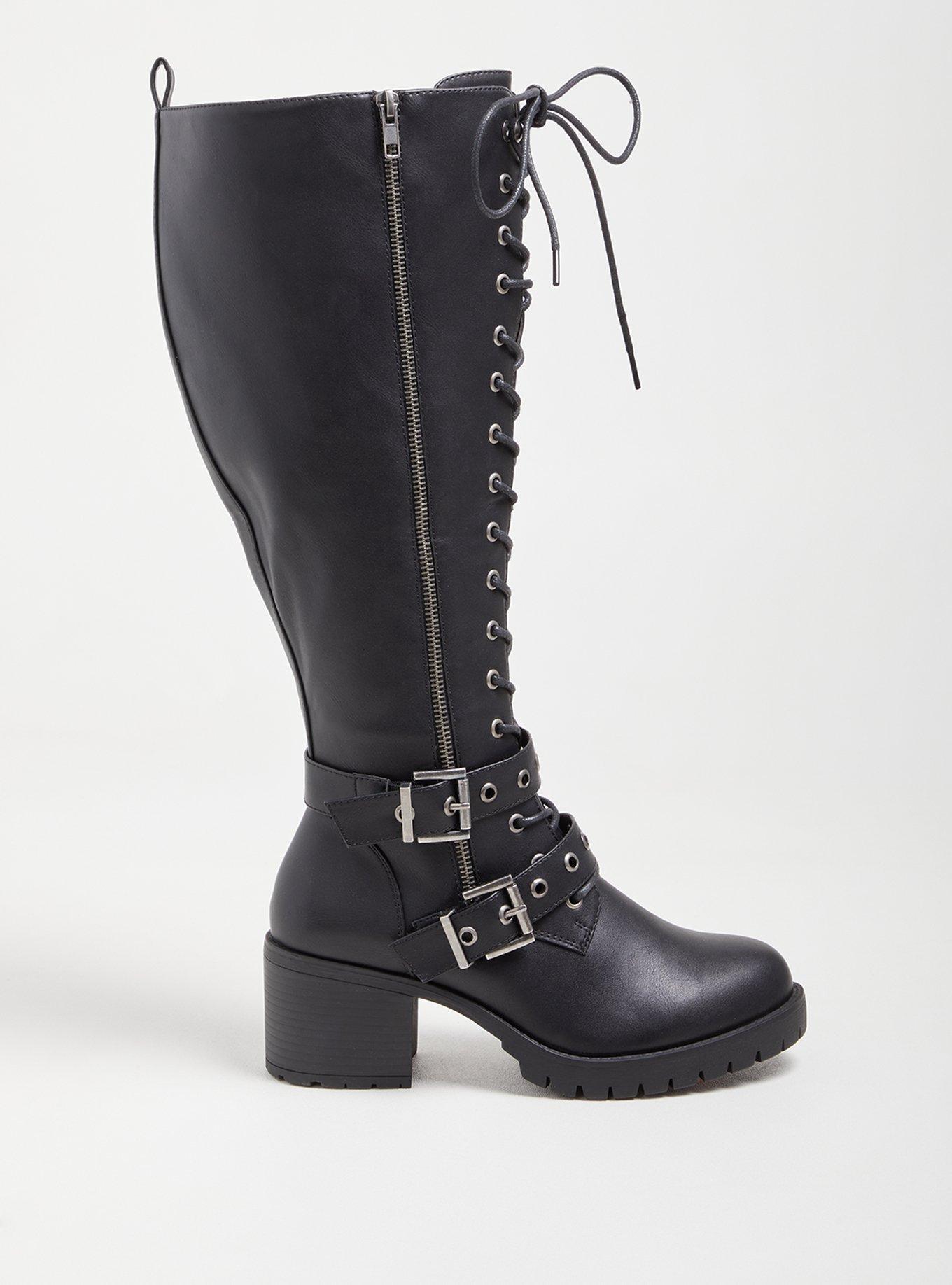 Plus Size - Faux Leather Double Buckle Lace-Up Knee Boot (WW) - Torrid