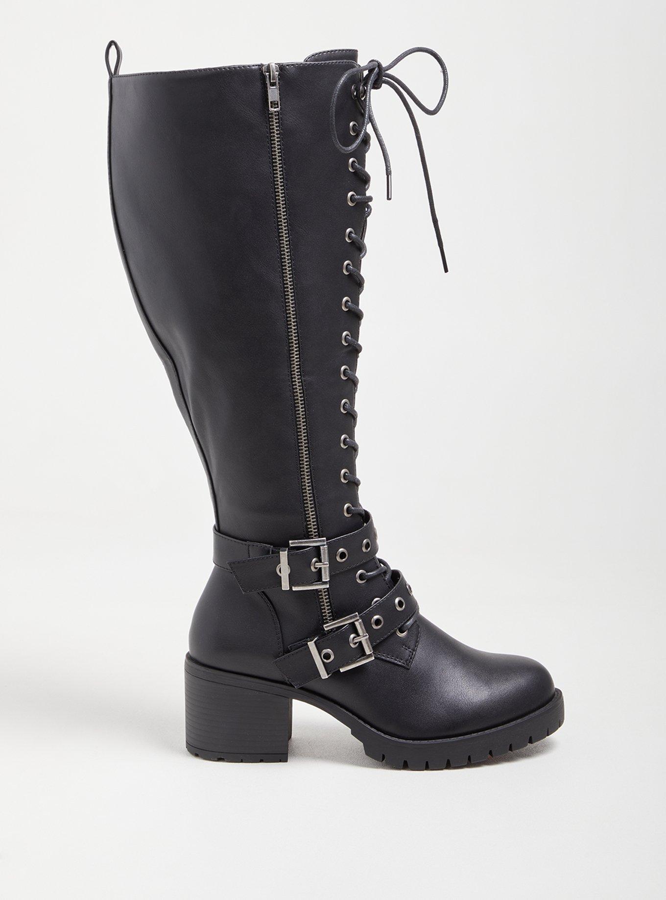 Plus Size Faux Leather Double Buckle Lace Up Knee Boot WW Torrid