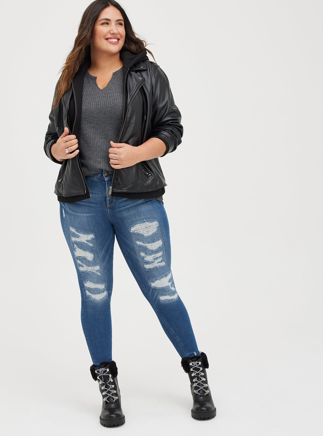 Plus Size - Waffle Notch Neck Long Sleeve Tee - Torrid
