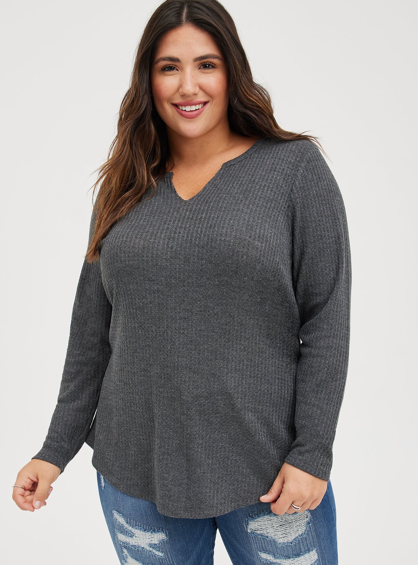 Plus Size - Waffle Notch Neck Long Sleeve Tee - Torrid