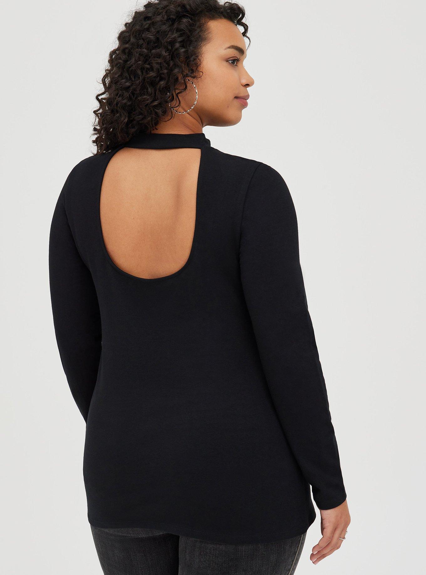 Foxy Mock Neck Keyhole Open Back Top, DEEP BLACK, alternate