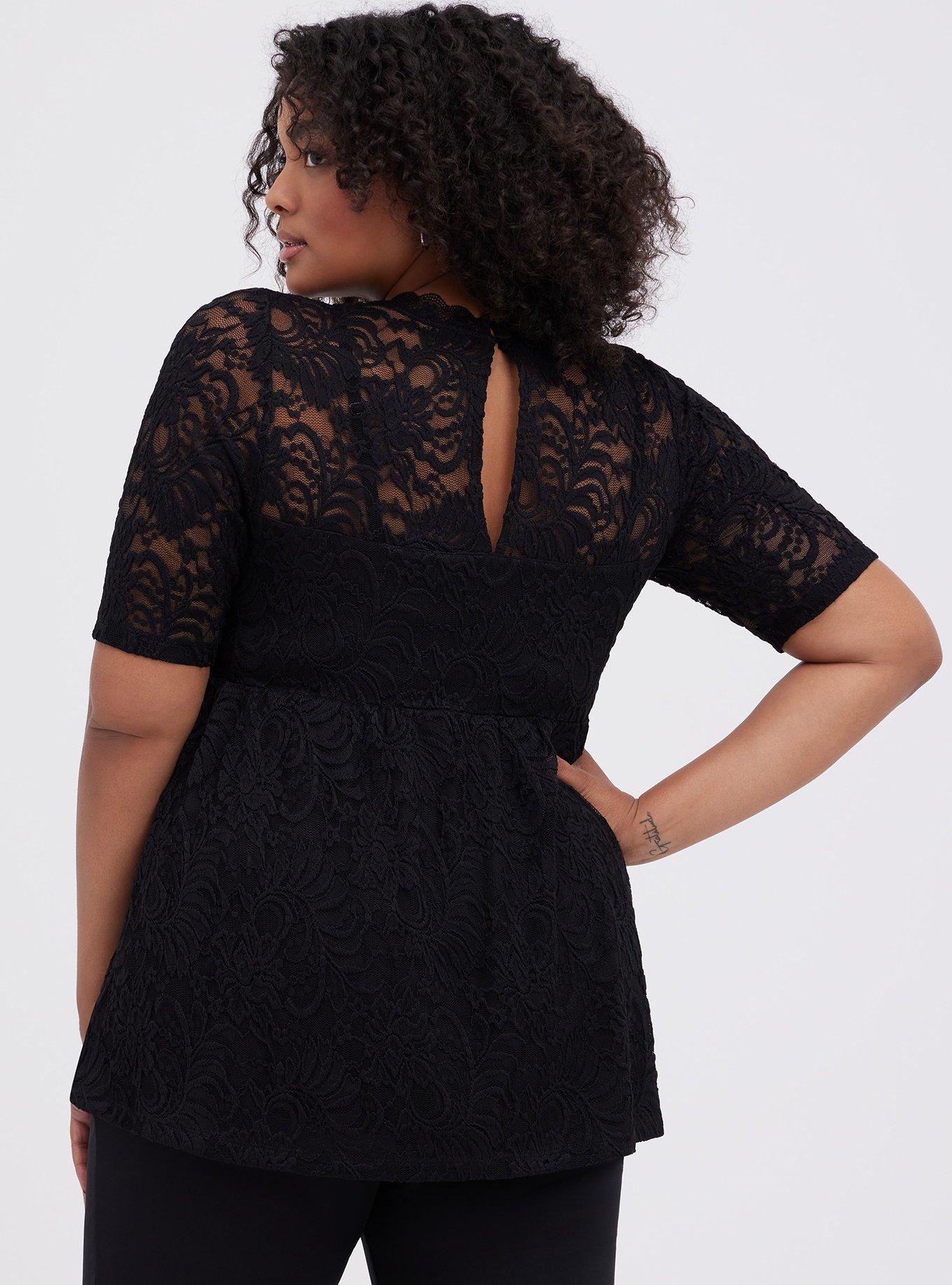 Babydoll Lace High Neck Short Sleeve Top, DEEP BLACK, alternate