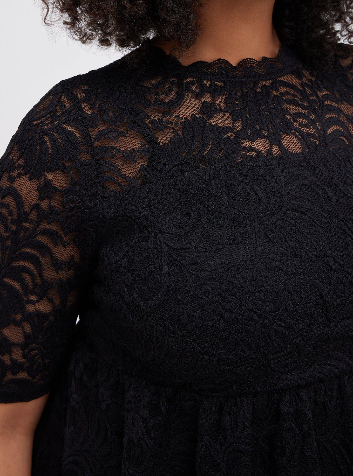 Babydoll Lace High Neck Short Sleeve Top, DEEP BLACK, alternate