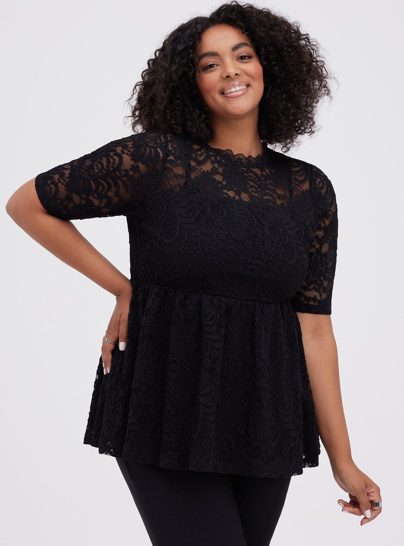 Babydoll Lace High Neck Short Sleeve Top, DEEP BLACK, hi-res