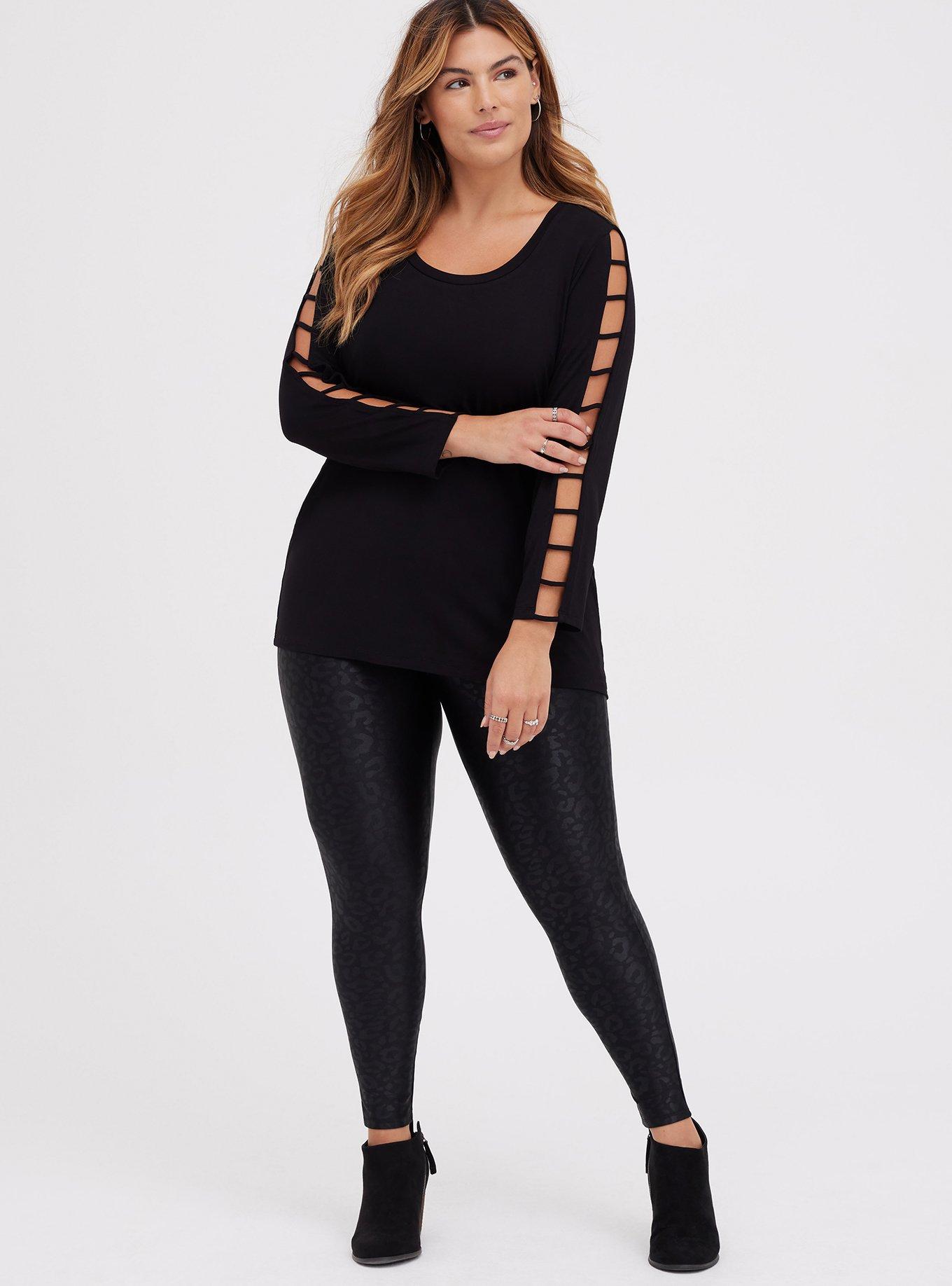 Super Soft Scoop Neck Strappy Sleeve Long Sleeve Tee, DEEP BLACK, alternate