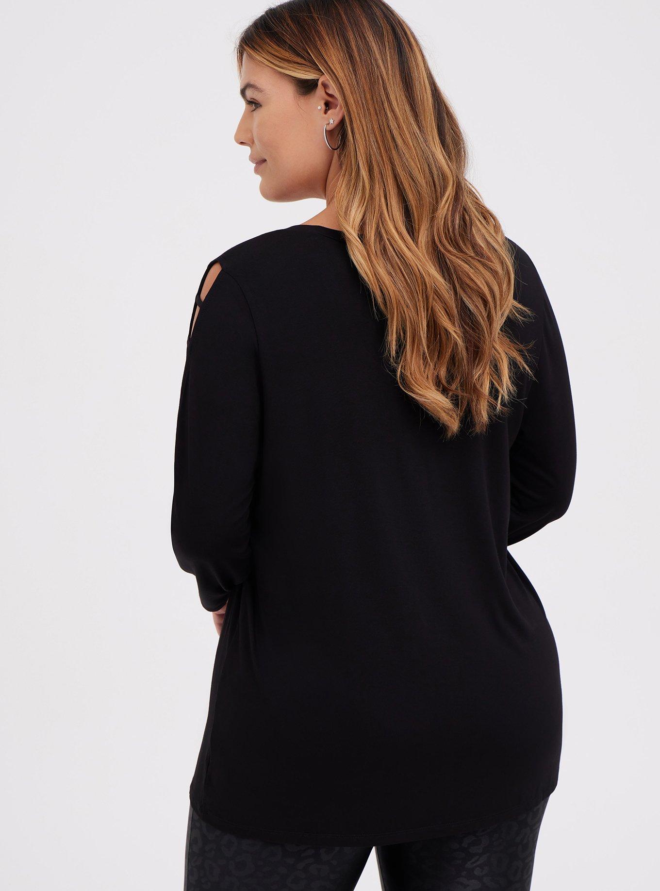 Super Soft Scoop Neck Strappy Sleeve Long Sleeve Tee, DEEP BLACK, alternate