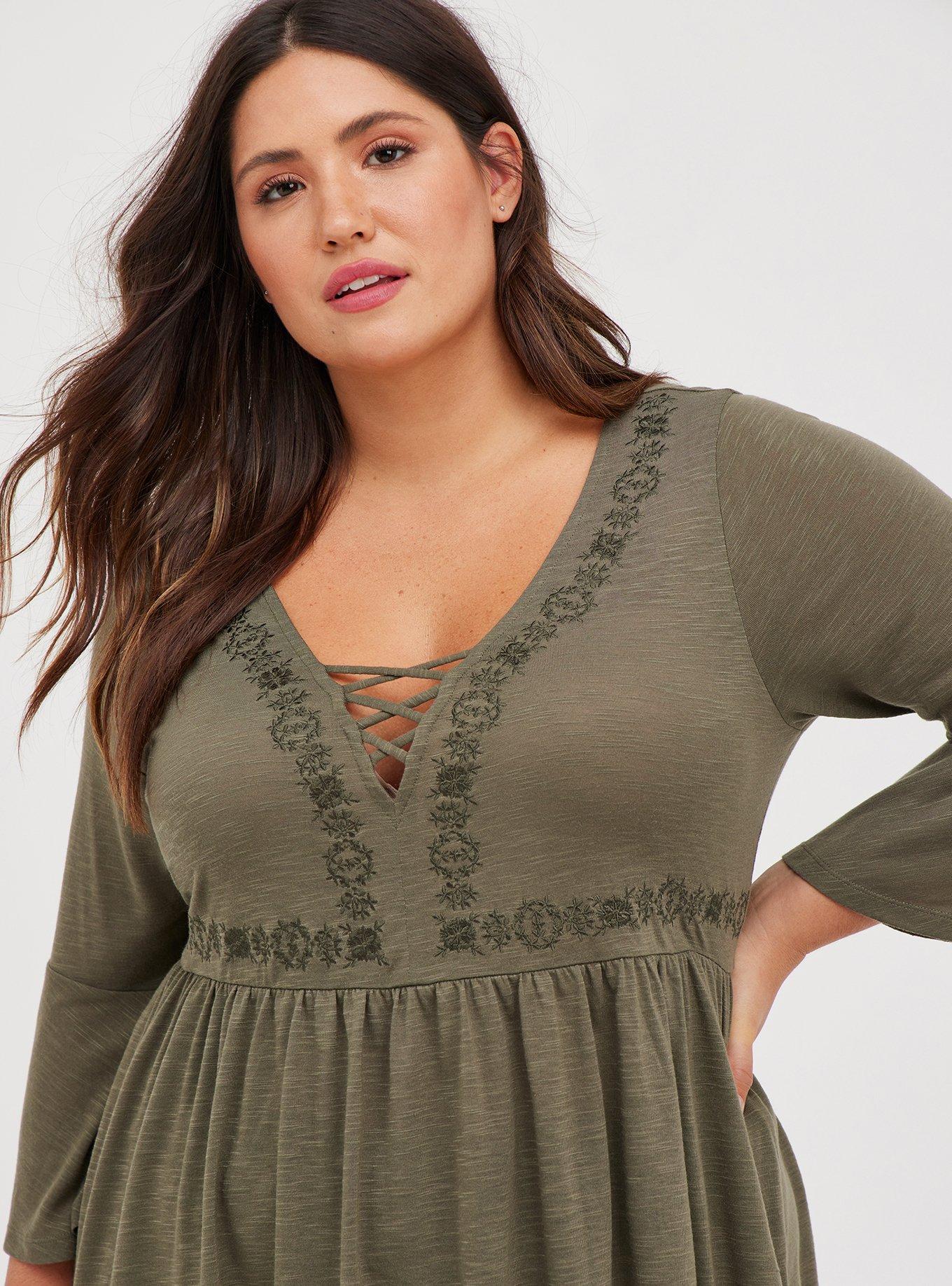 Plus Size Babydoll Knit V Neck Lace Up Embroidered Top Torrid