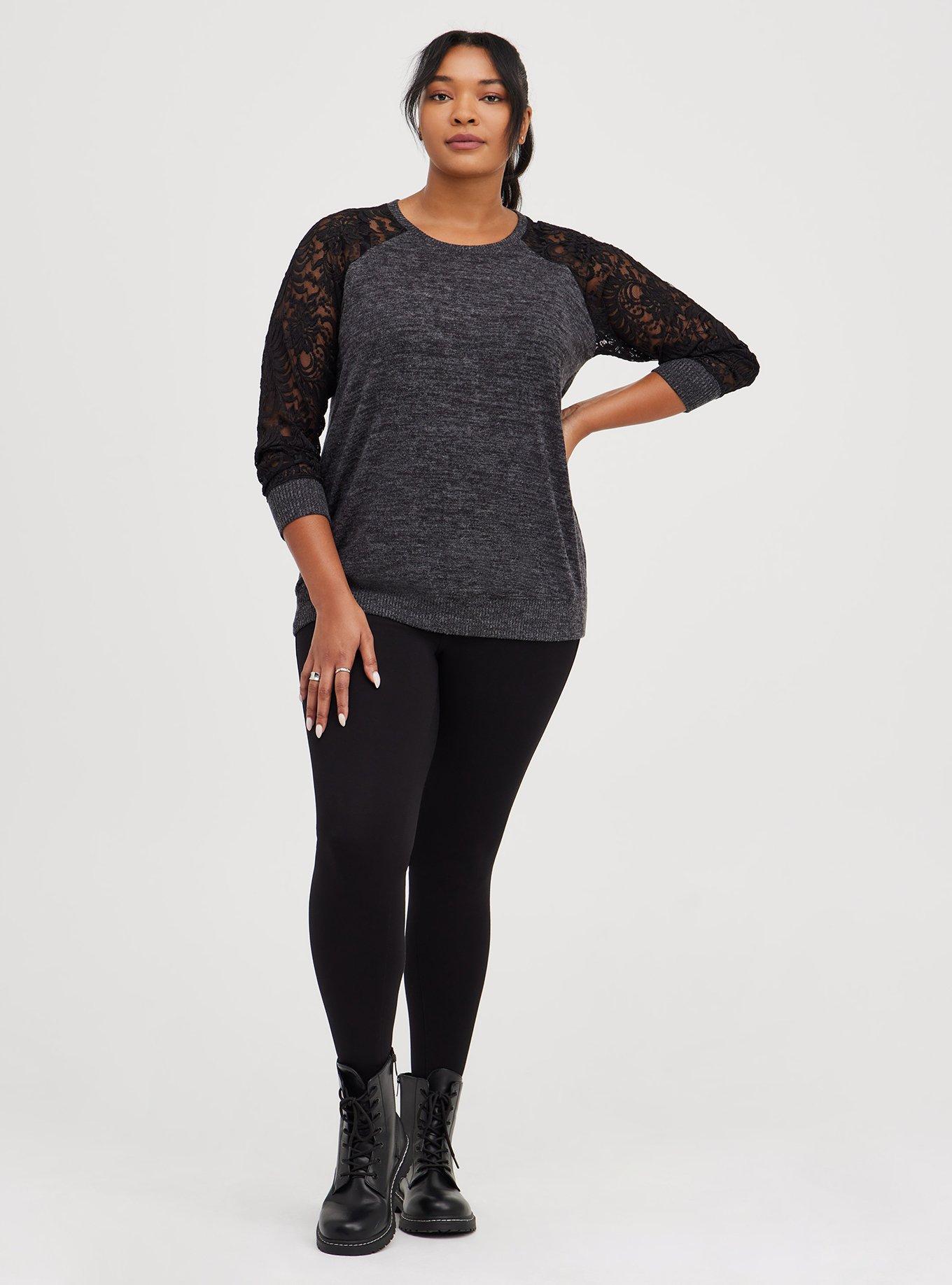 Plus Size - Super Soft Plush Lace Sleeve Raglan Sweatshirt - Torrid