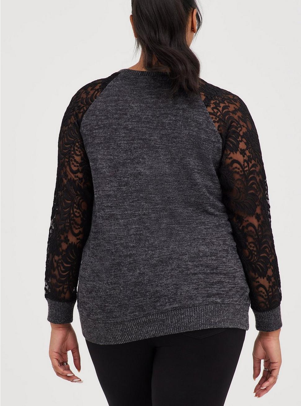 Super Soft Plush Lace Sleeve Raglan Sweatshirt, DEEP BLACK, alternate